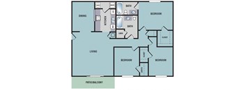 Northwood Place Apartments Meridian, MS 3 Bedroom Floor Plan 2D