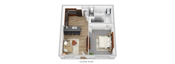 A floor plan of a small apartment with a living room, kitchen, and bathroom.