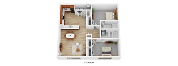 A floor plan of a house with a living room, kitchen, and bedrooms.
