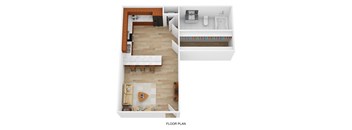 A floor plan of a small apartment with a living room, kitchen, and bathroom.