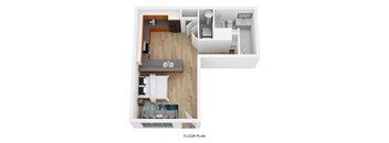 A floor plan of a small apartment with a living room, kitchen, and bathroom.