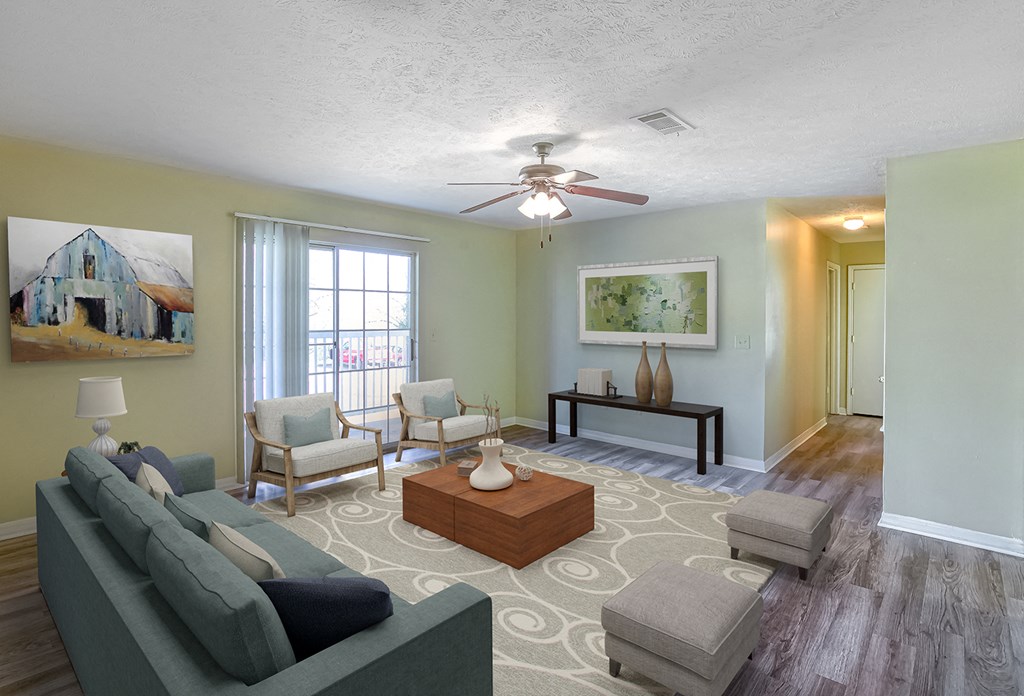 a living room with a couch and a coffee table