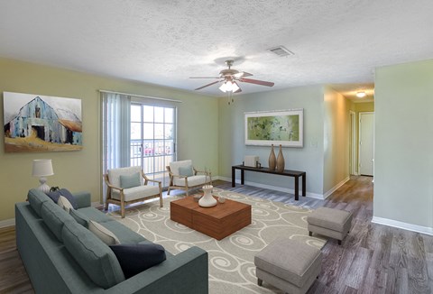 a living room with a couch and a coffee table