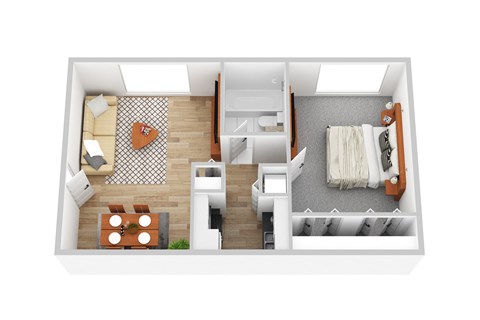 a stylized floor plan with a bedroom and a living room