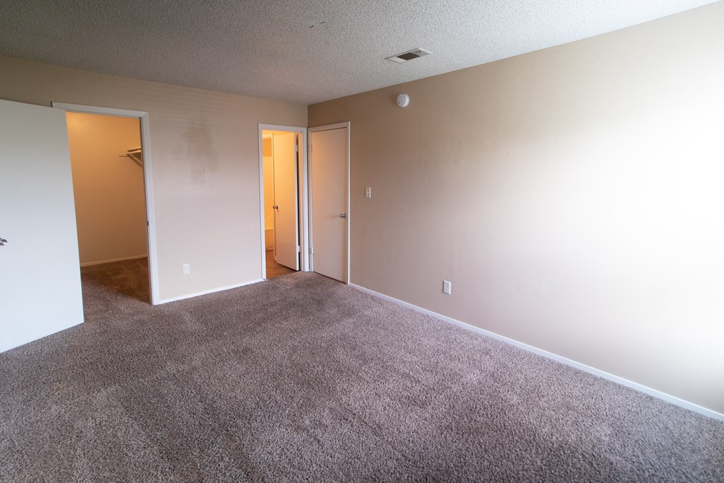 an empty living room with carpet and a door to a closet