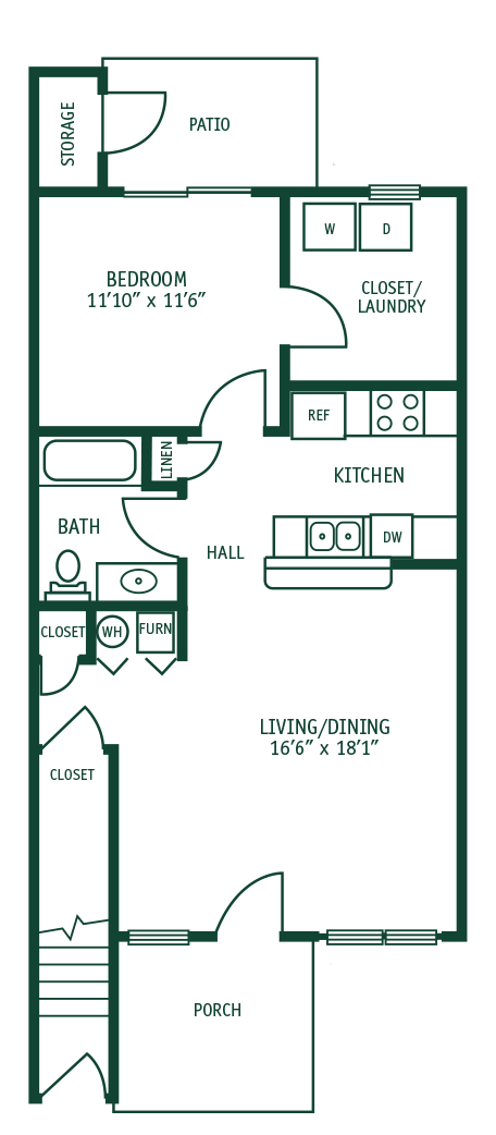 A floor plan of a house with a bedroom, a kitchen, a living room, and a porch.