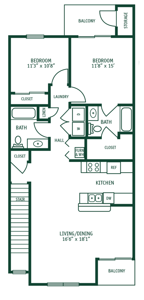 A floor plan of a two-bedroom apartment with a living/dining area and a balcony.