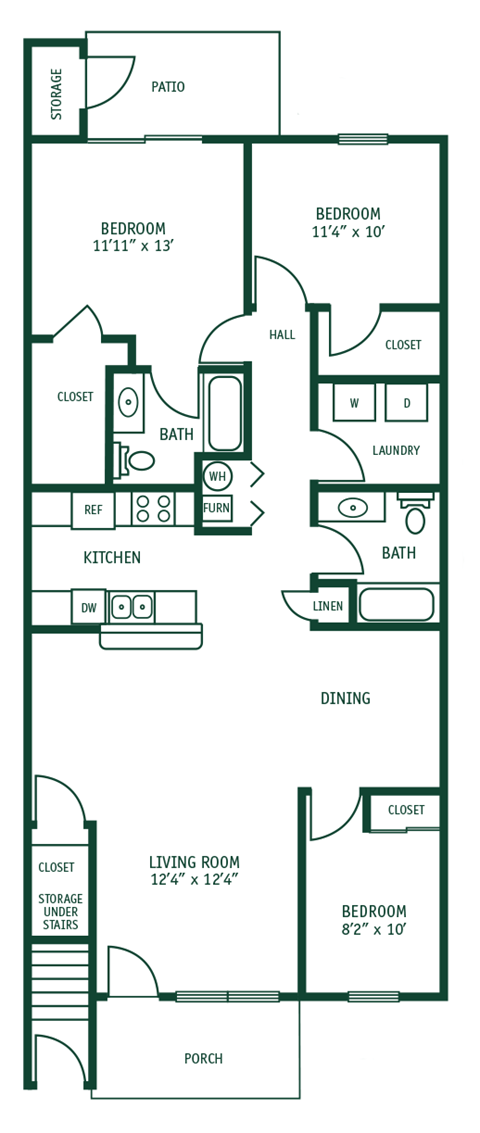 A floor plan of a two-bedroom apartment with a living room, kitchen, and bathroom.