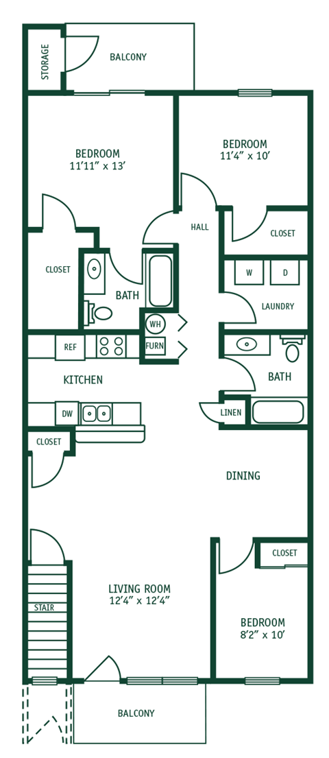A floor plan of a two-bedroom apartment with a living room, kitchen, and balcony.