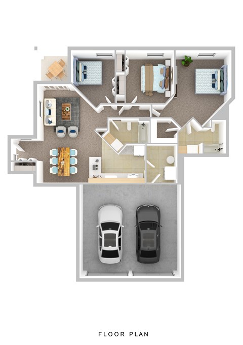 A floor plan of a house with two cars parked in the garage.