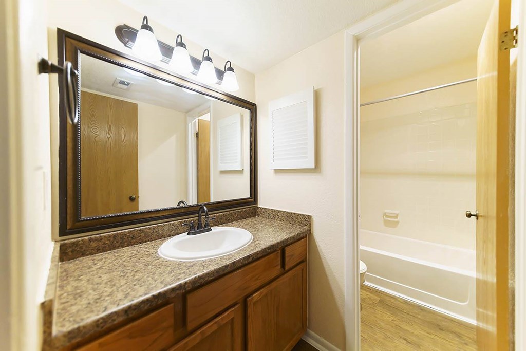 A bathroom with a sink, mirror, and shower.