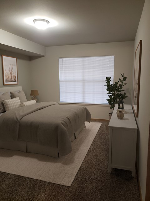A bedroom with a large bed and a small table with a plant on it.