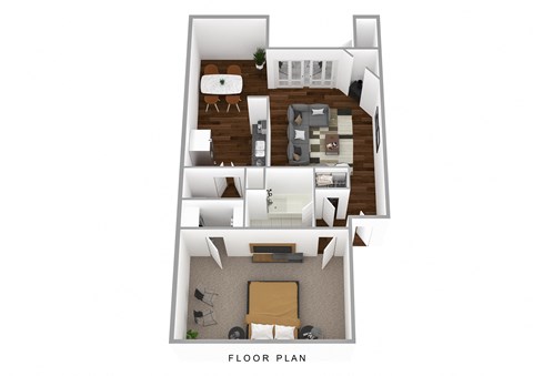 A floor plan of a house with a kitchen, living room, dining room, and two bedrooms.