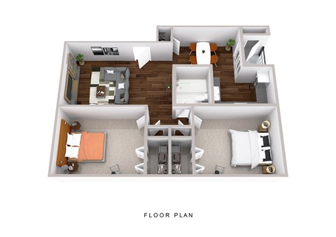 A floor plan of a house with a living room, dining room, kitchen, and bedrooms.
