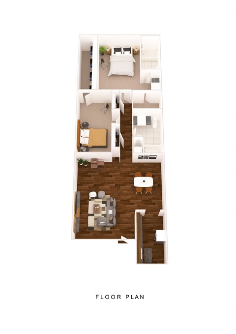A floor plan of a small apartment with a living room, kitchen, and bedroom.