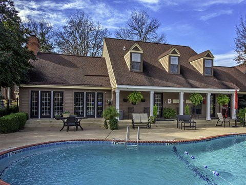 A house with a pool in front.