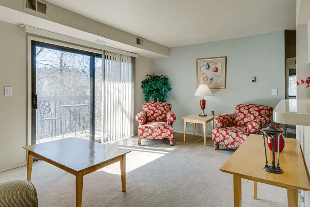 A living room with a sliding glass door and a potted plant.