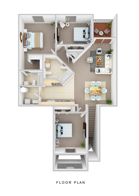 A floor plan of a two-story apartment with a living room, kitchen, and bedrooms.