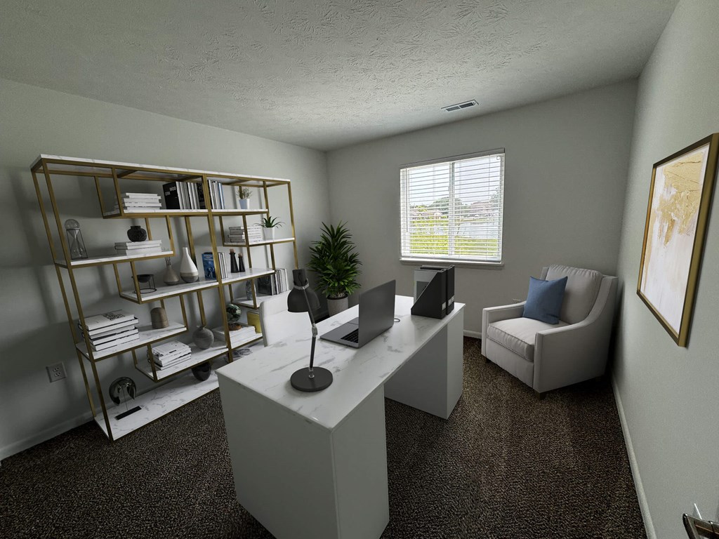 an office with a white desk and a chair