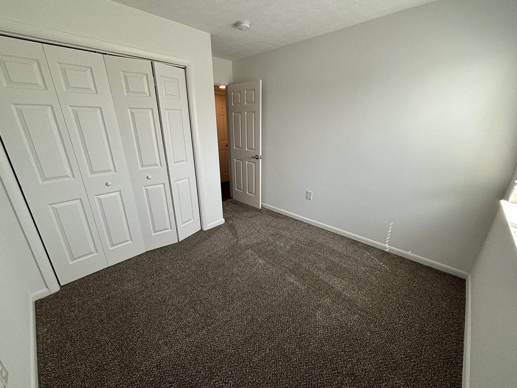 a bedroom with two closets and a carpeted floor