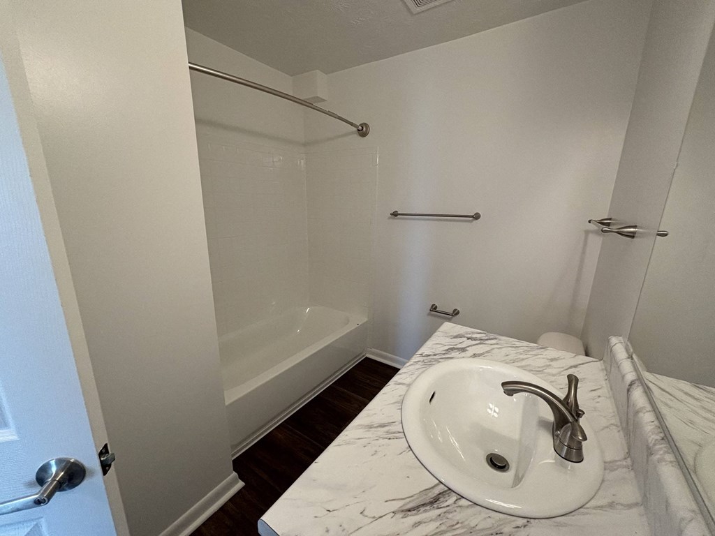 a bathroom with a sink and a shower and a tub