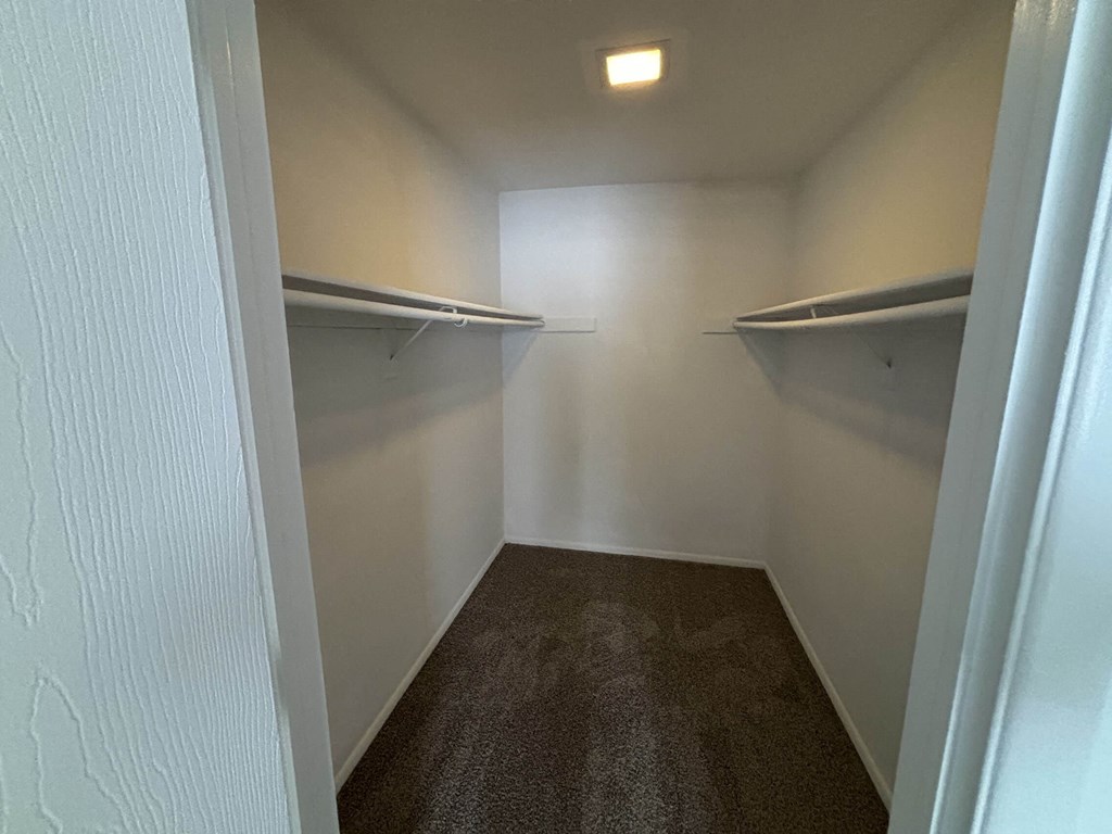 a walk in closet with two empty shelves and a ceiling light