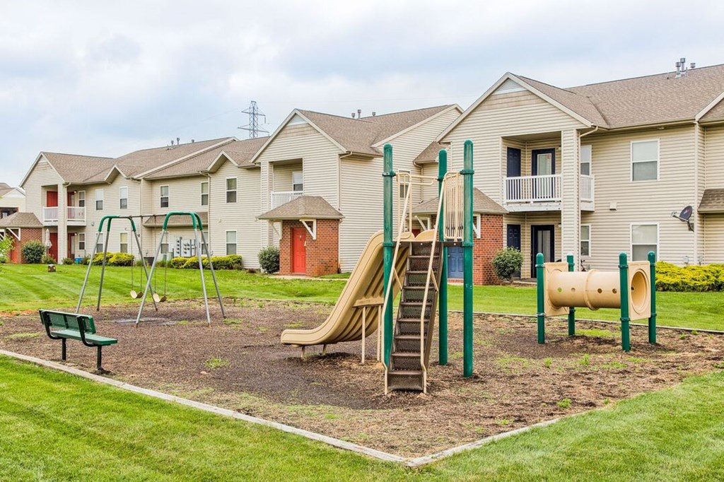 a playground with a slide and monkey bars in front of a row of houses
