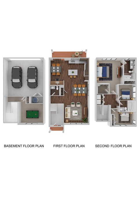 Three images showing the basement, first, and second floor plans of a house.