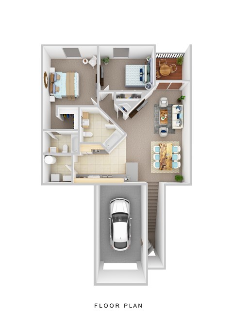 A floor plan of a house with a car parked in the garage.