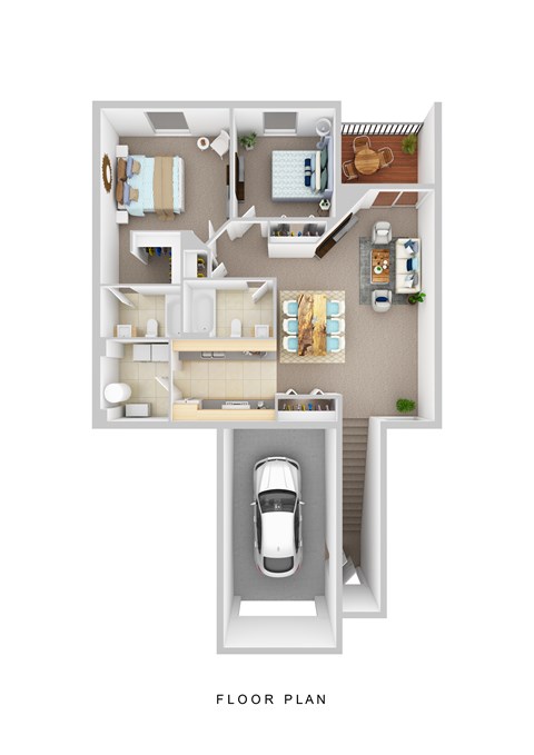 A floor plan of a house with a car parked in the garage.