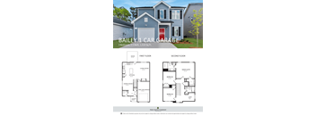 A blue house with a red door and a garage is advertised for sale.