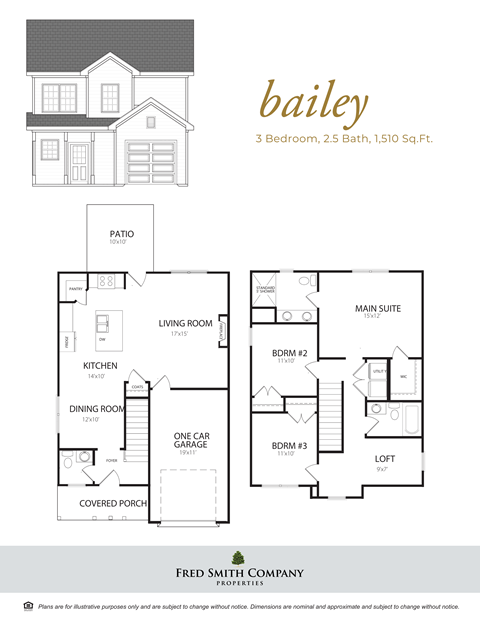 A floor plan for a 3 bedroom, 2.5 bath home by Fred Smith Company.