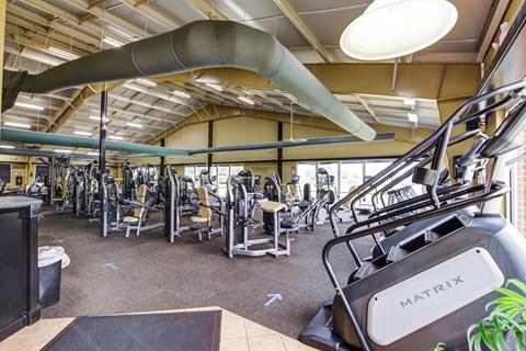 a gym with weights and cardio equipment in a building
