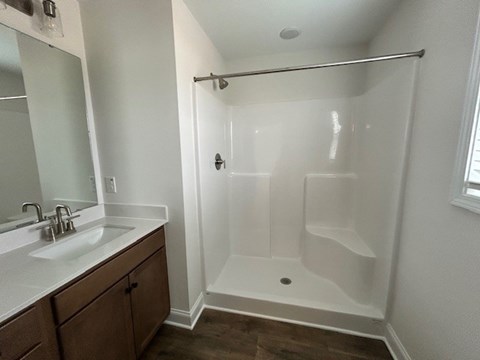 A white bathroom with a walk in shower and a double sink vanity.