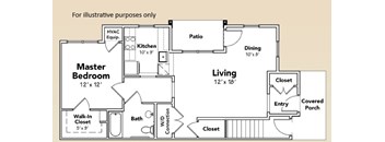 A floor plan of a house with a master bedroom and a living area.
