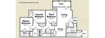 A drawing of a house layout with a living room, dining room, kitchen, and three bedrooms.