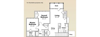 A floor plan of a house with a second bedroom, a master bedroom, a living room, a dining room, a kitchen, a bath, a walk-in closet, and a deck.
