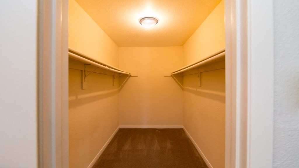 a walk in closet with empty shelves and a ceiling light