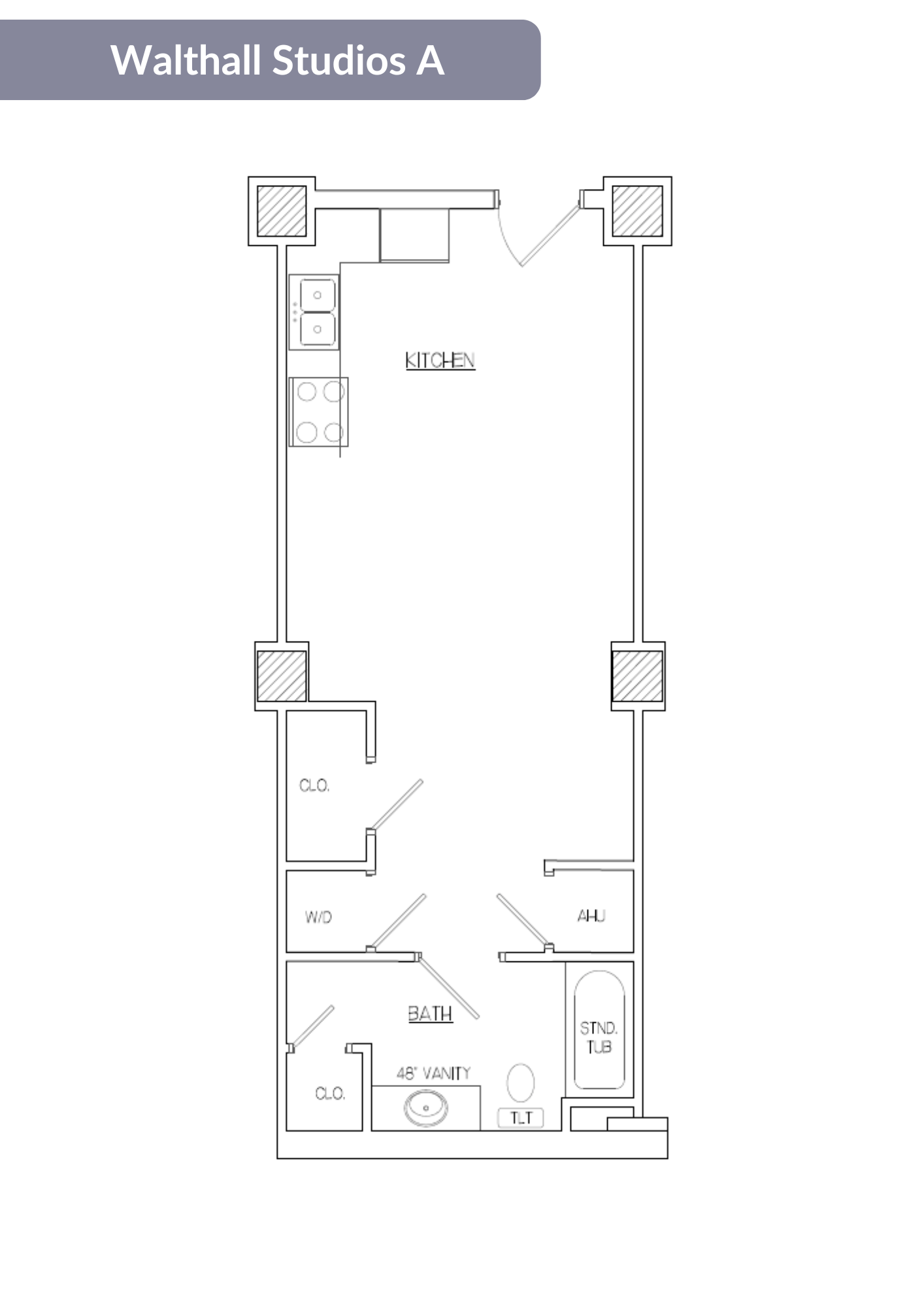 A floor plan of Walthall Studios A showing a kitchen, living room, dining room, and bathrooms.