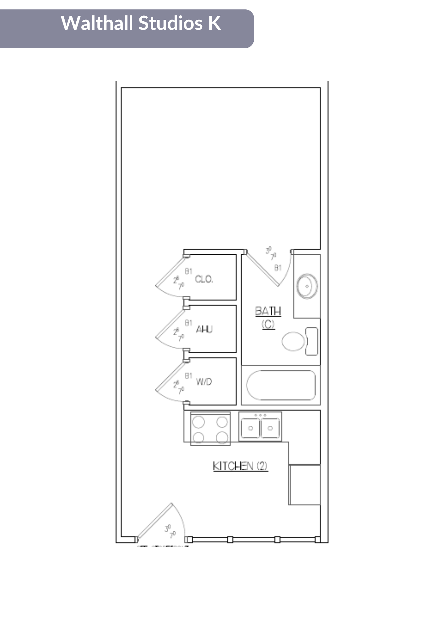 A floor plan of a Walthall Studios K room showing a kitchen area.