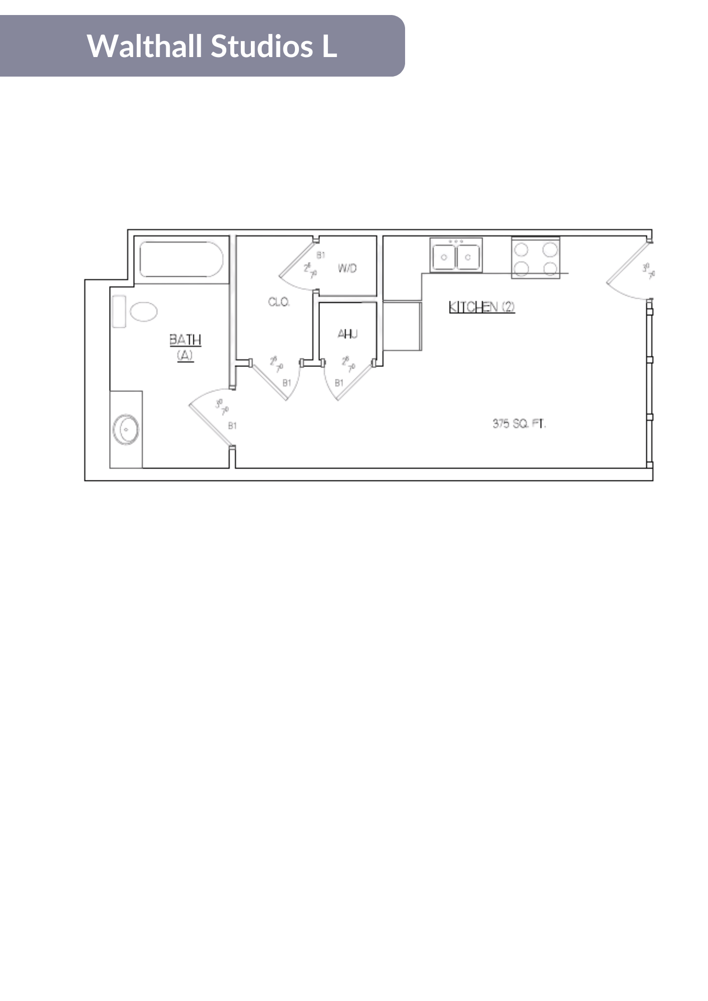 A floor plan of a studio apartment with a living room, kitchen, and bathroom.