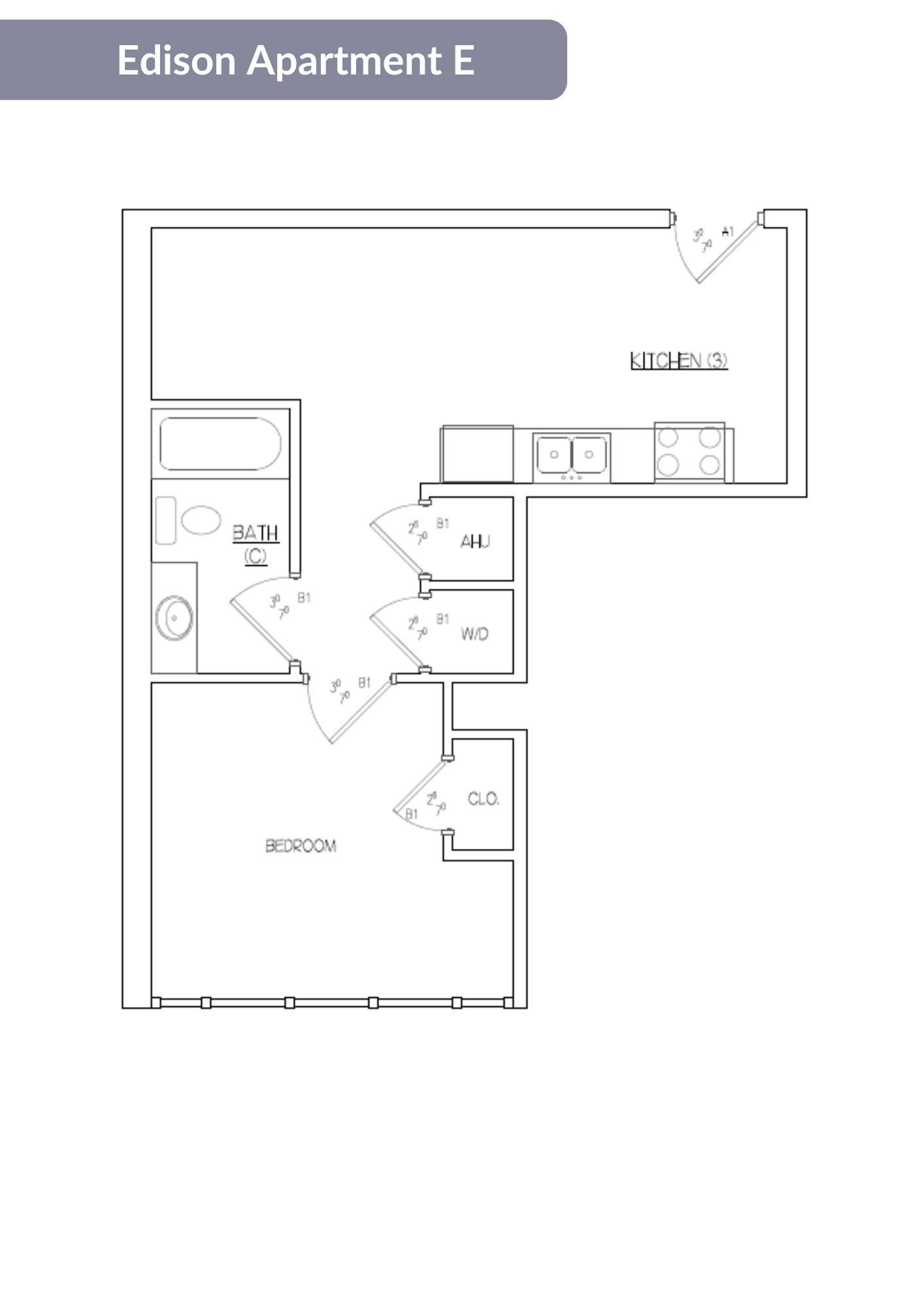 A floor plan of the Edison Apartment E showing the layout of the kitchen, bathrooms, and bedroom.