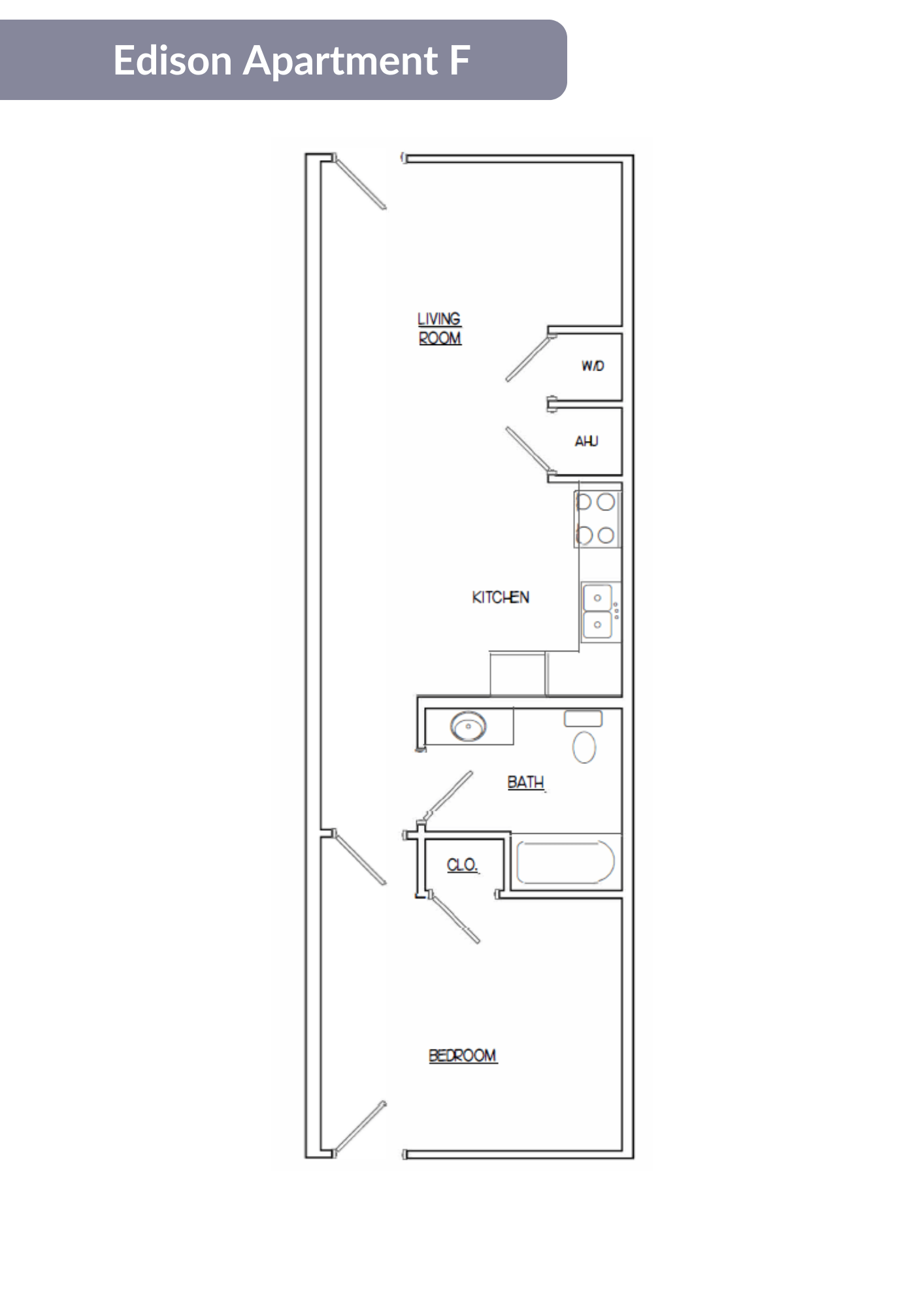 A floor plan of the Edison Apartment F showing the layout of the rooms.