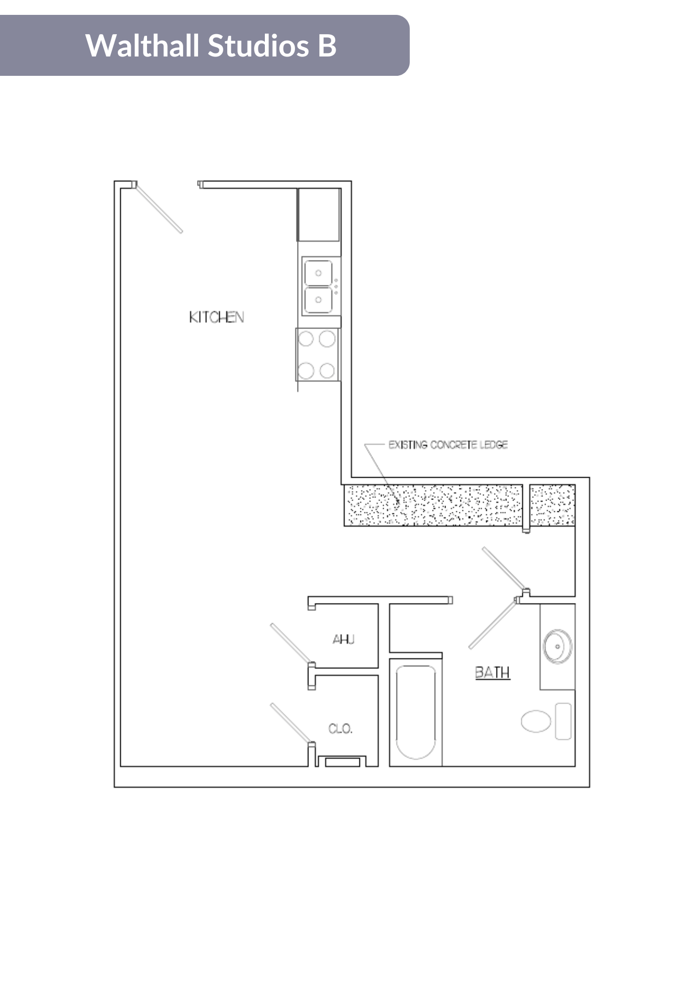 A floor plan of a studio apartment with a kitchen, bathroom, and living room.