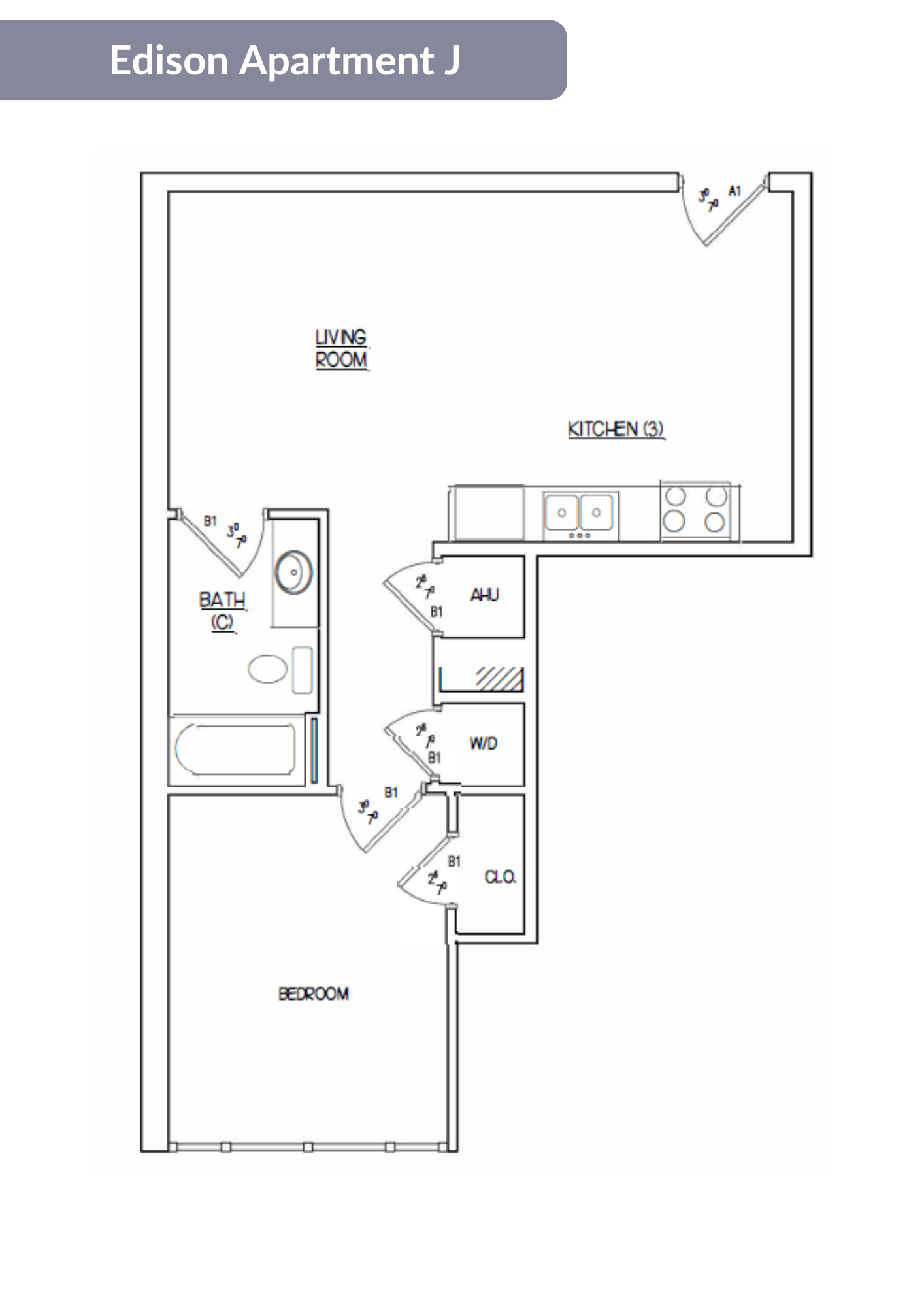 A floor plan of the Edison Apartment J.