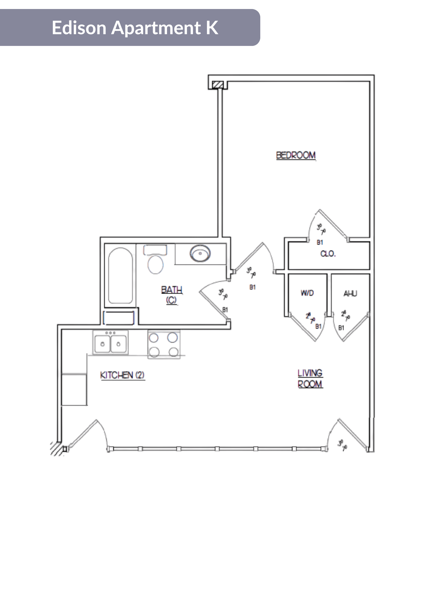 A floor plan of the Edison Apartment K showing the layout of the bedroom, living room, kitchen, and bathroom.