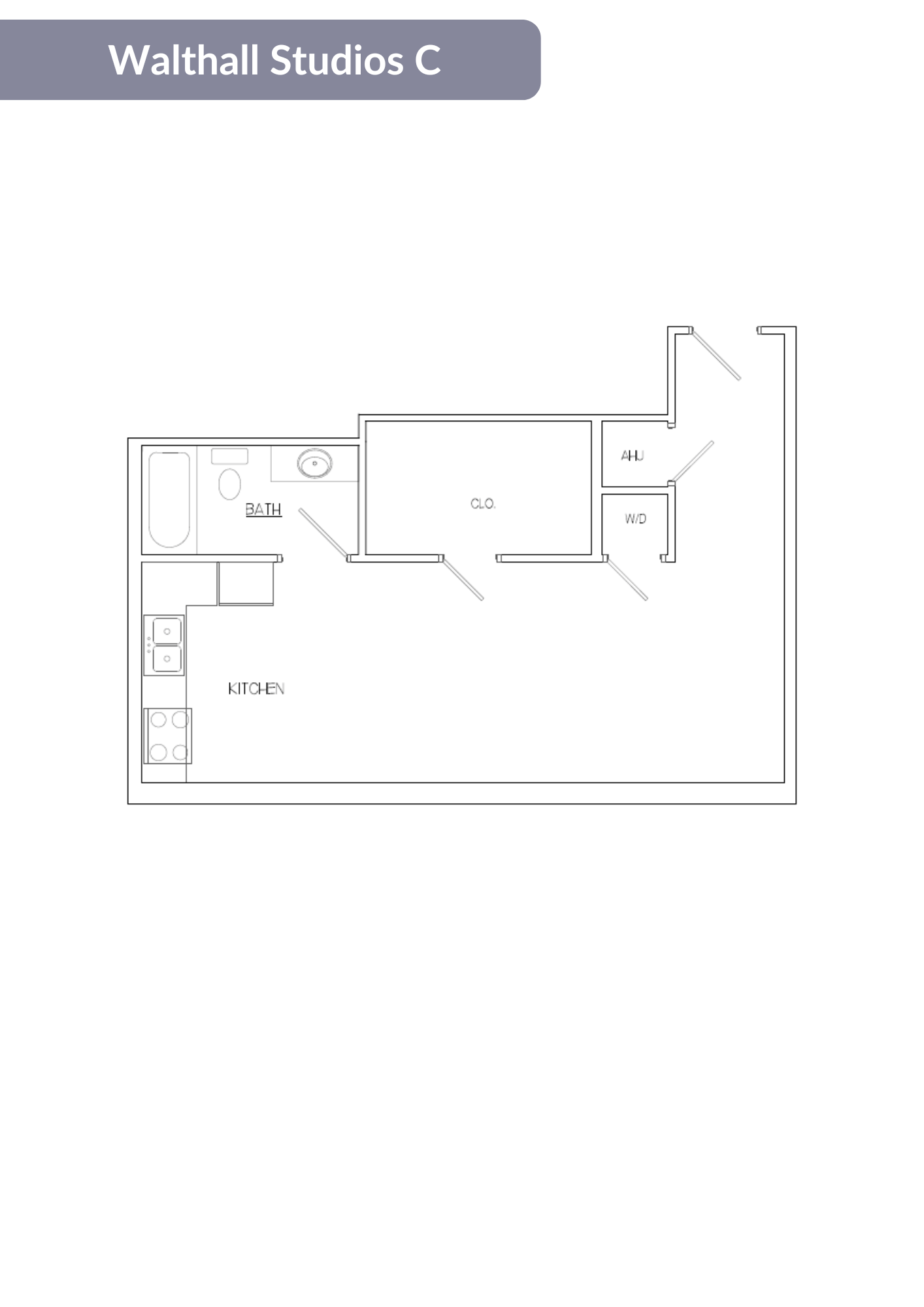 A floor plan of a studio apartment with a kitchen, living room, and bathroom.