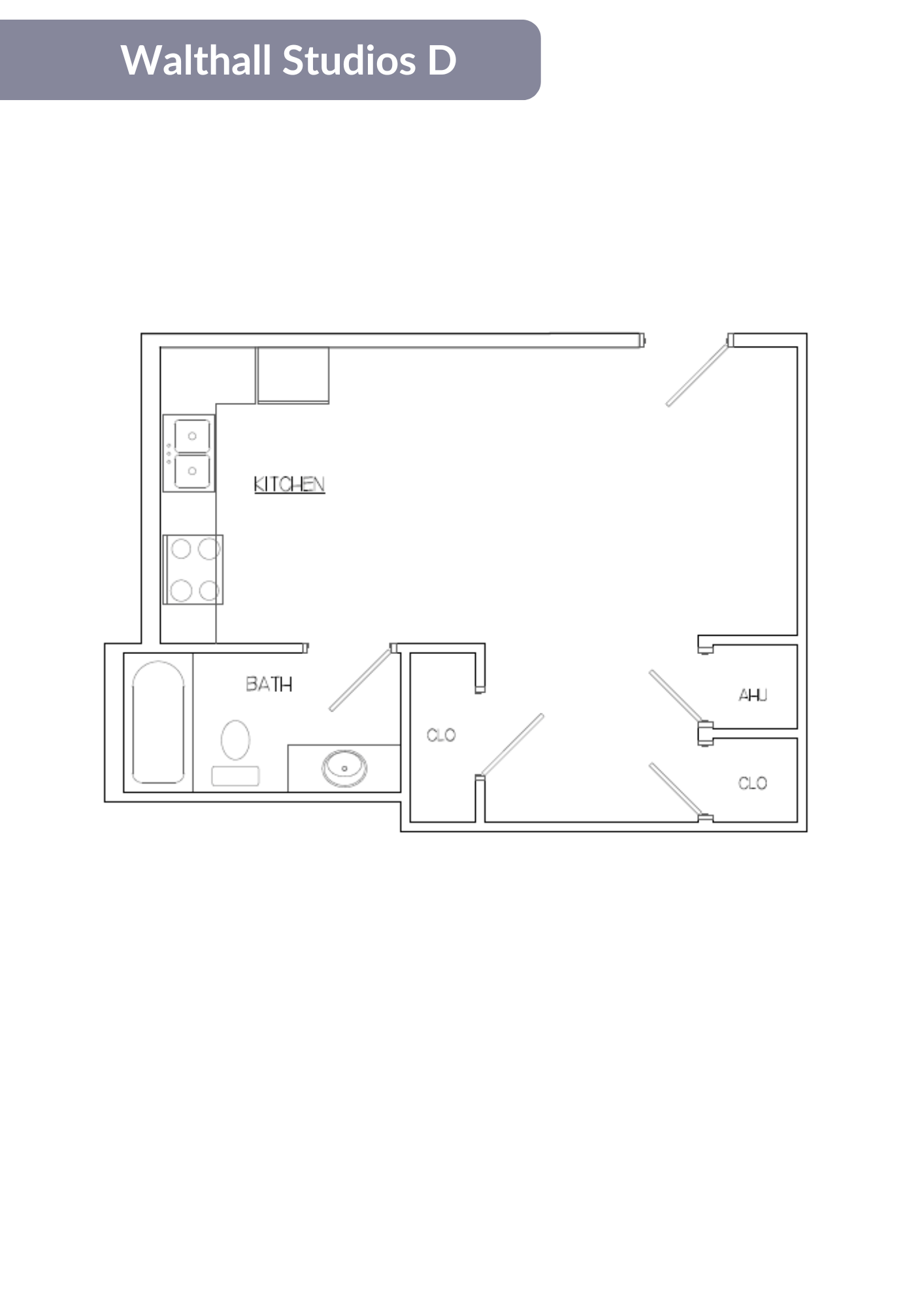 A floor plan of a studio apartment with a kitchen, bathroom, and living room.