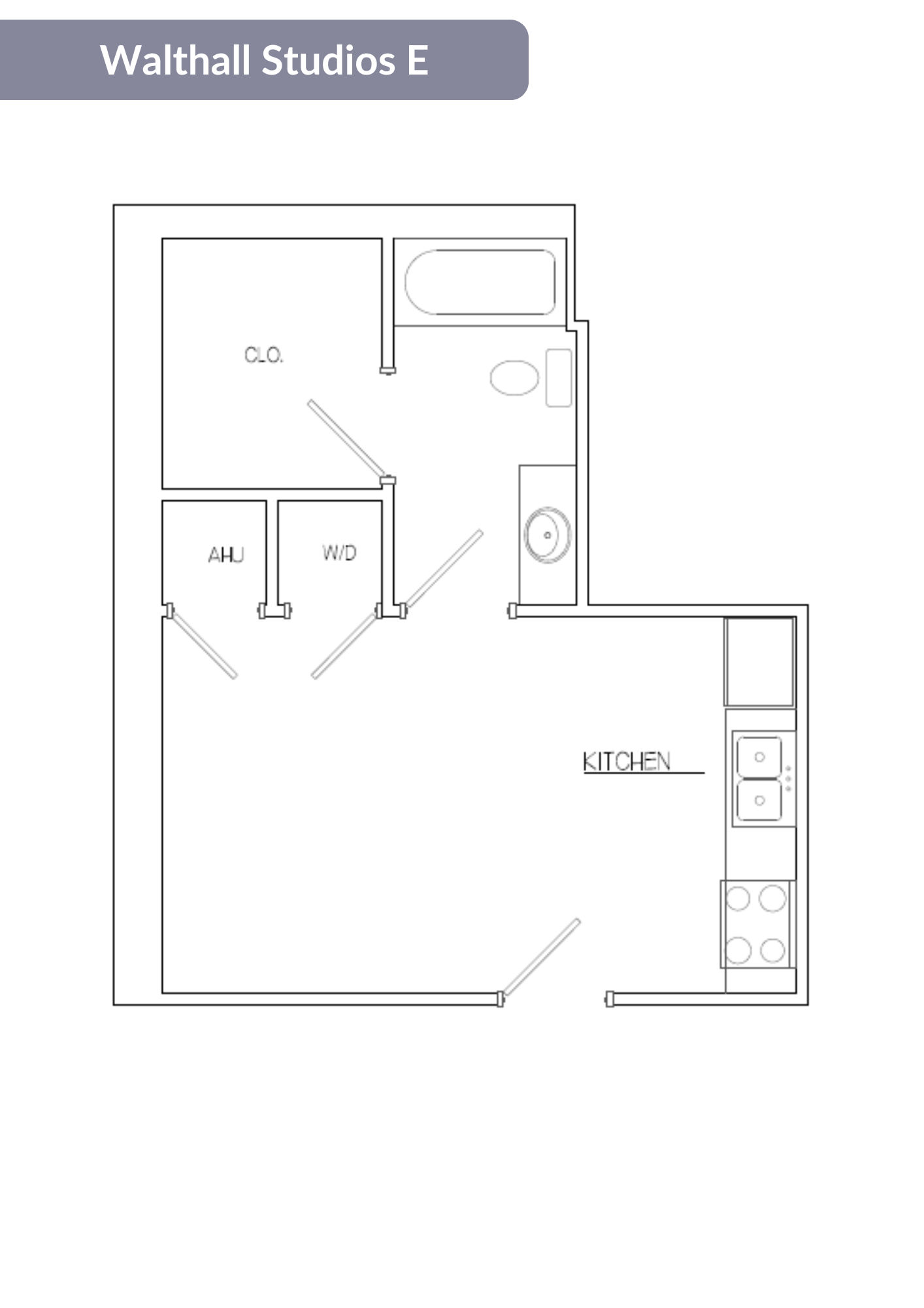 A floor plan of a studio apartment by Walthall Studios E.