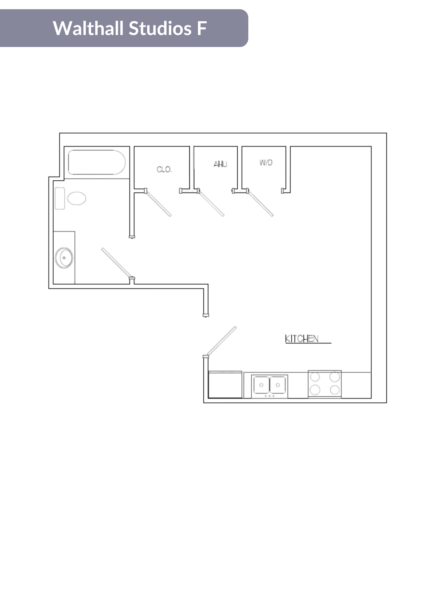 A floor plan of a studio apartment with a kitchen and living room.